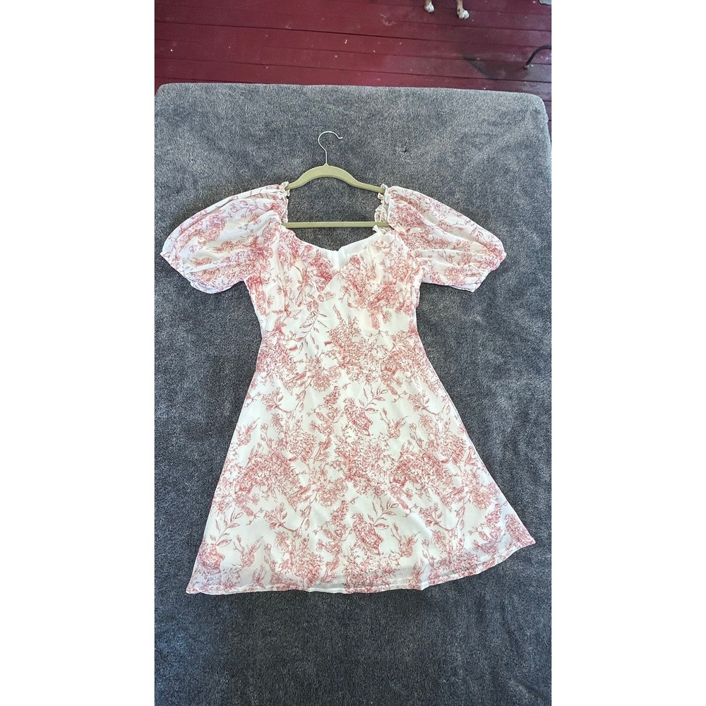 Misguided Red &White Floral Toile Puff Sleeve Mini Dress Sweetheart Neckline SZ4